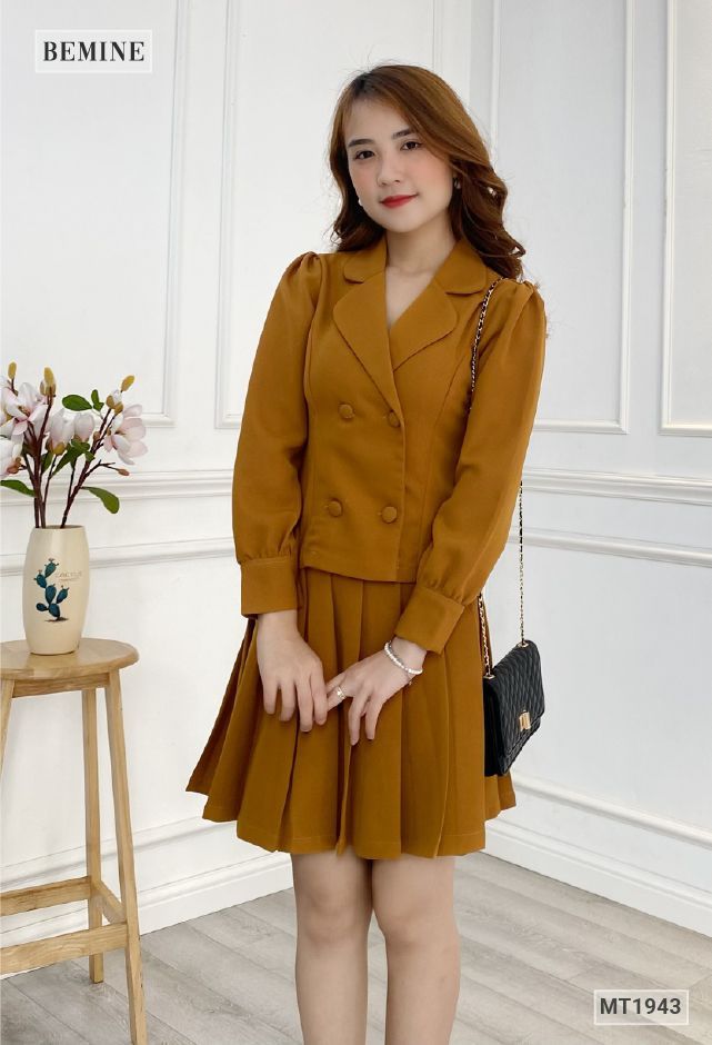MT1943NÂU - Sét áo vest váy xếp ly