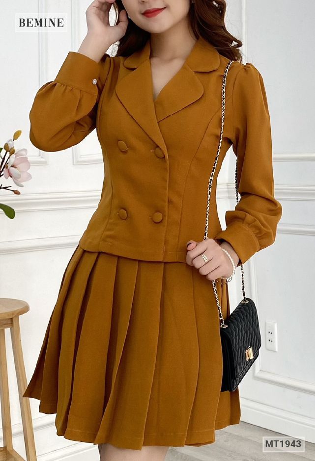 MT1943NÂU - Sét áo vest váy xếp ly