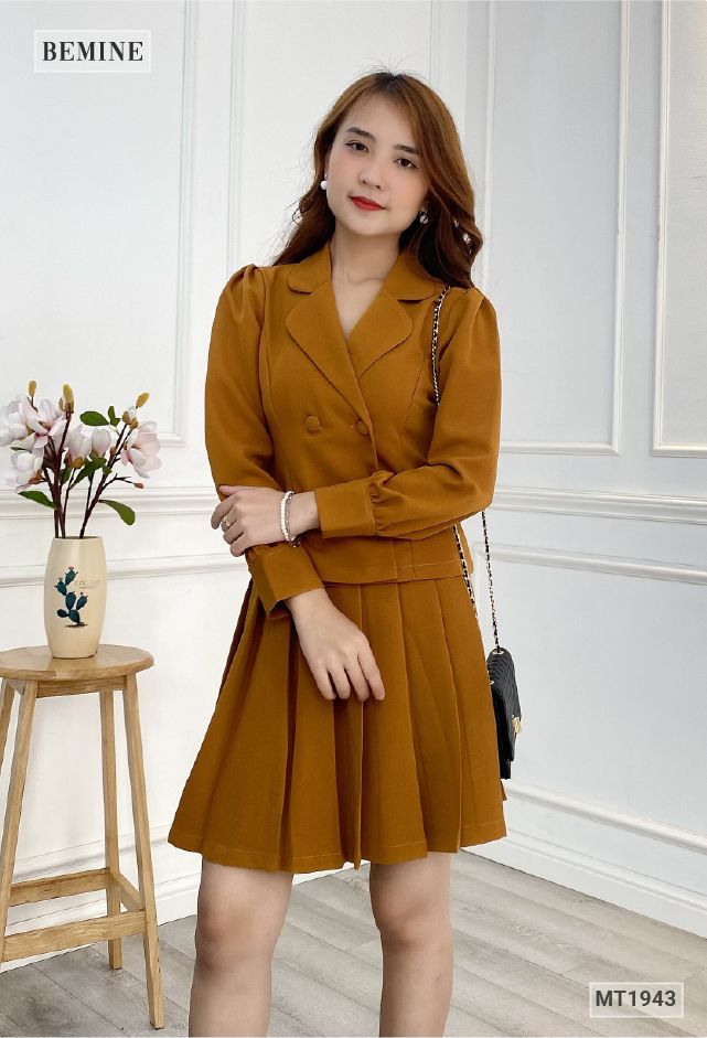 MT1943NÂU - Sét áo vest váy xếp ly