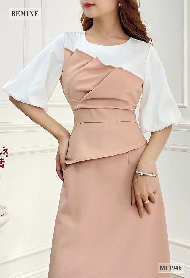 MT1948NUDE - Đầm xếp tầng phối trắng