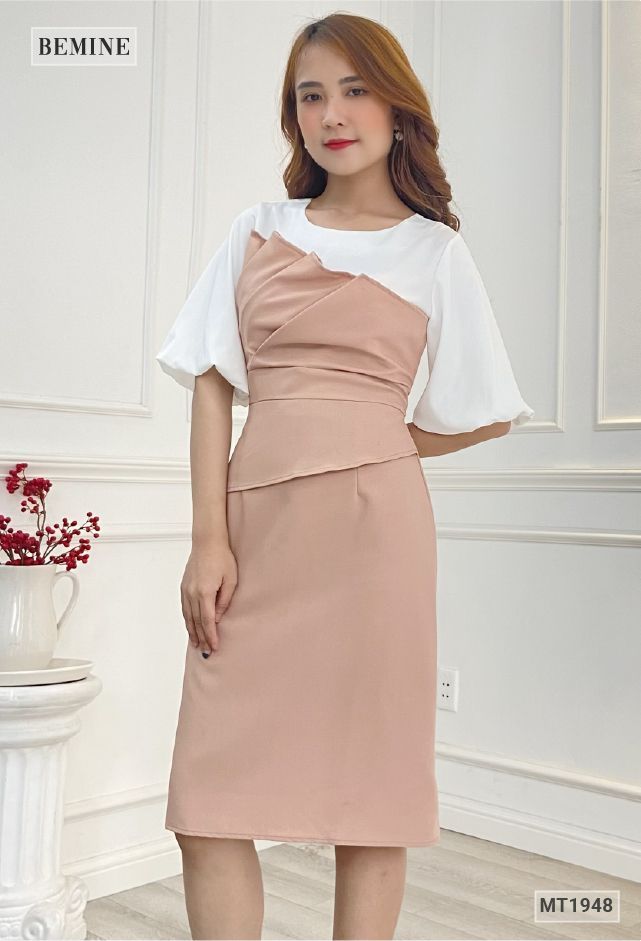 MT1948NUDE - Đầm xếp tầng phối trắng