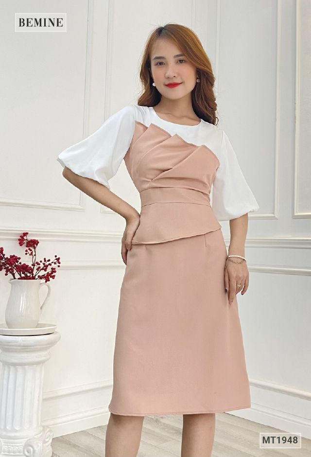 MT1948NUDE - Đầm xếp tầng phối trắng