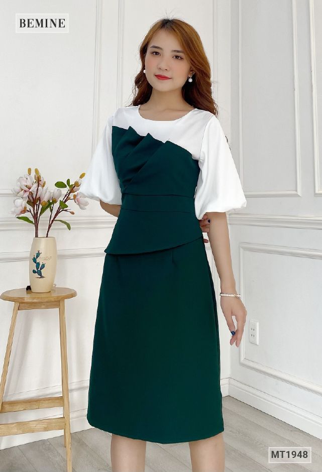 MT1948XANH - Đầm xếp tầng phối trắng