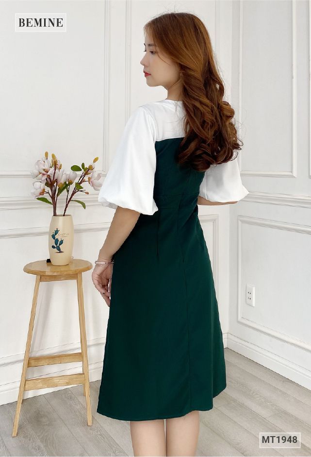 MT1948XANH - Đầm xếp tầng phối trắng
