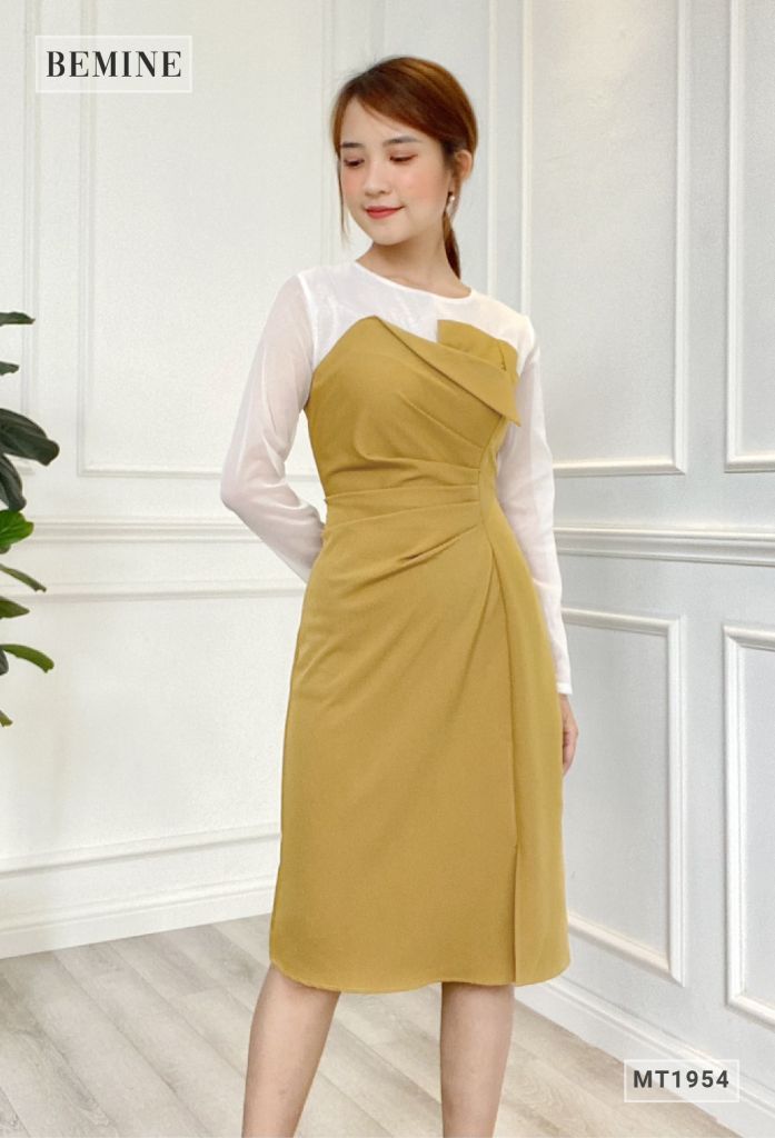 MT1954VANG - Đầm phối voan châm bi sẻ tà