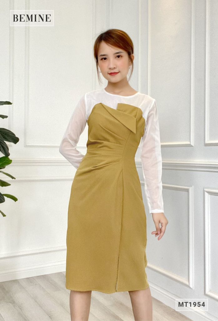 MT1954VANG - Đầm phối voan châm bi sẻ tà