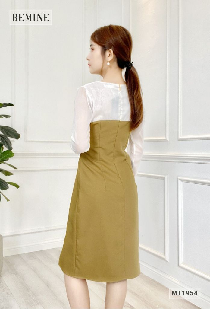 MT1954VANG - Đầm phối voan châm bi sẻ tà