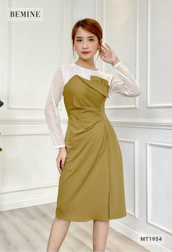 MT1954VANG - Đầm phối voan châm bi sẻ tà