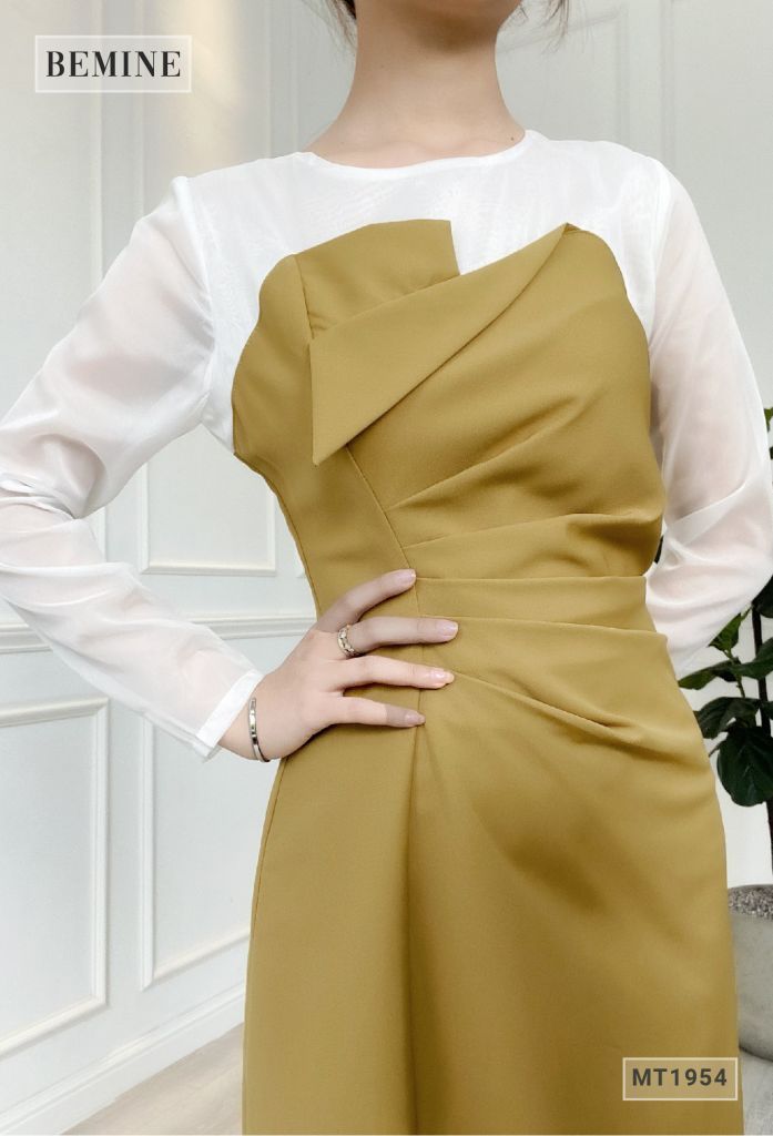 MT1954VANG - Đầm phối voan châm bi sẻ tà