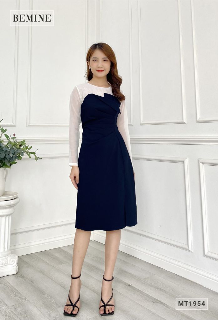 MT1954XANHĐEN - Đầm phối voan châm bi sẻ tà