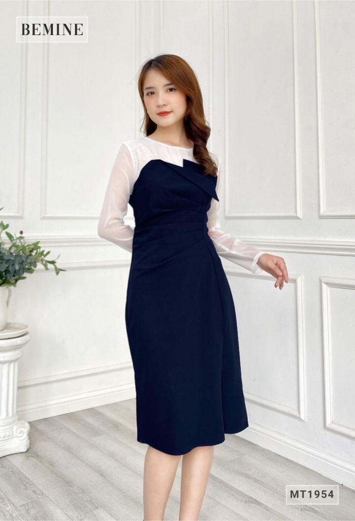 MT1954XANHĐEN - Đầm phối voan châm bi sẻ tà