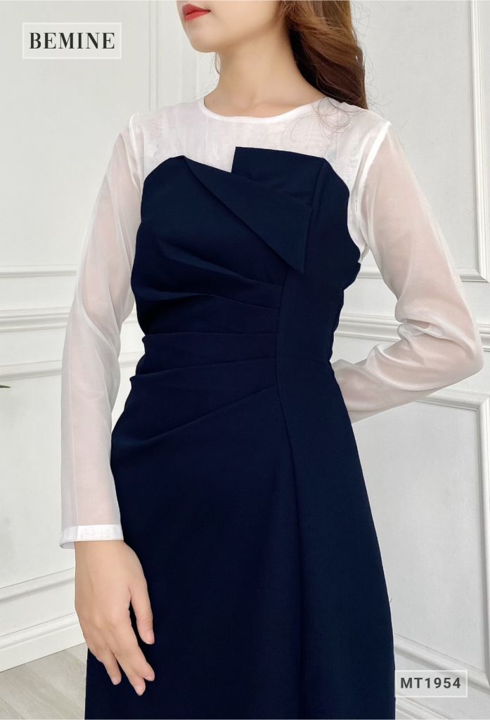MT1954XANHĐEN - Đầm phối voan châm bi sẻ tà