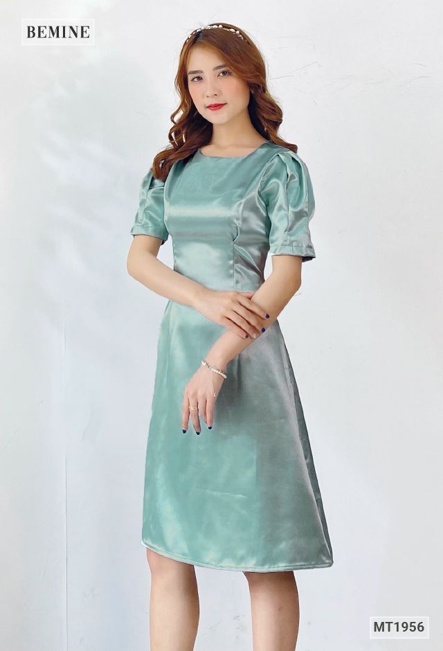MT1956XANH - Đầm thanh lịch tay bồng ly eo
