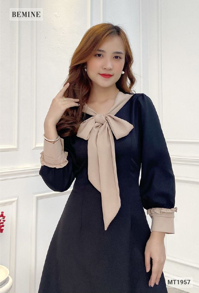 MT1957ĐEN - Đầm cổ phối nơ tay phối nâu