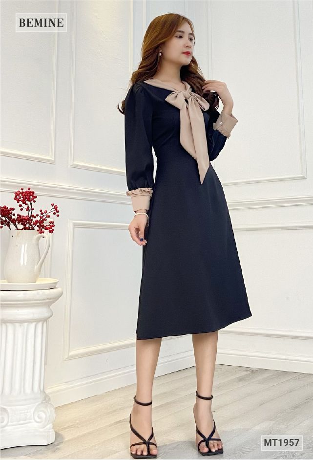 MT1957ĐEN - Đầm cổ phối nơ tay phối nâu