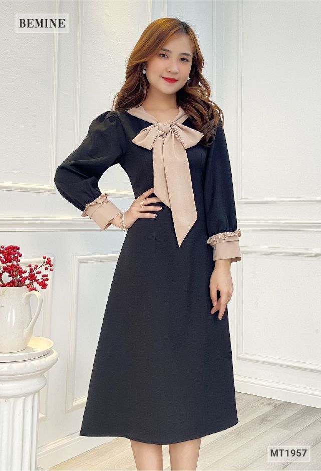 MT1957ĐEN - Đầm cổ phối nơ tay phối nâu