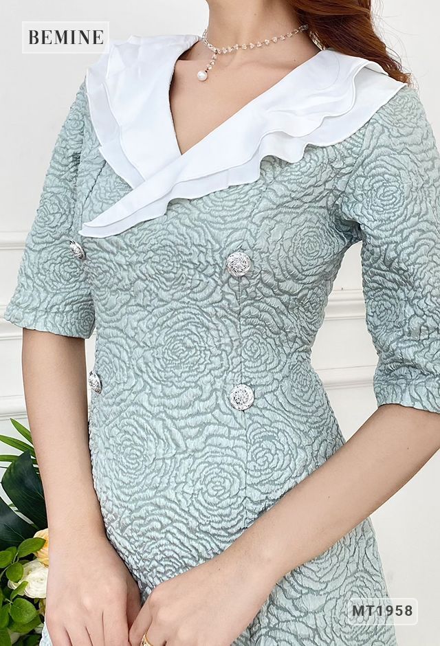MT1958XANH - Đầm tapta hoa hồng tay lửng