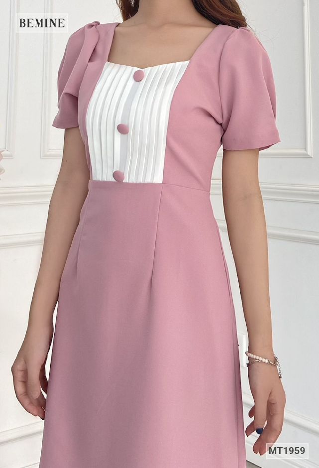 MT1959HONG - Đầm phối ngực trắng xếp ly