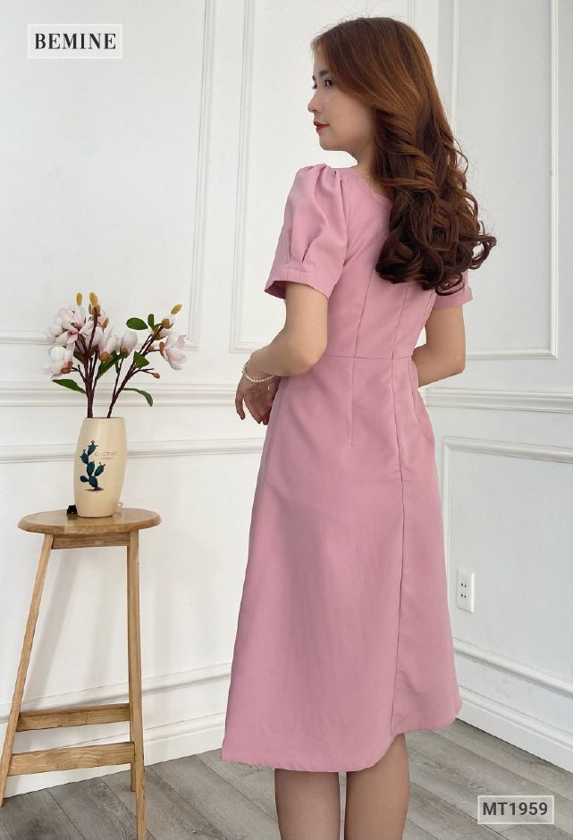 MT1959HONG - Đầm phối ngực trắng xếp ly