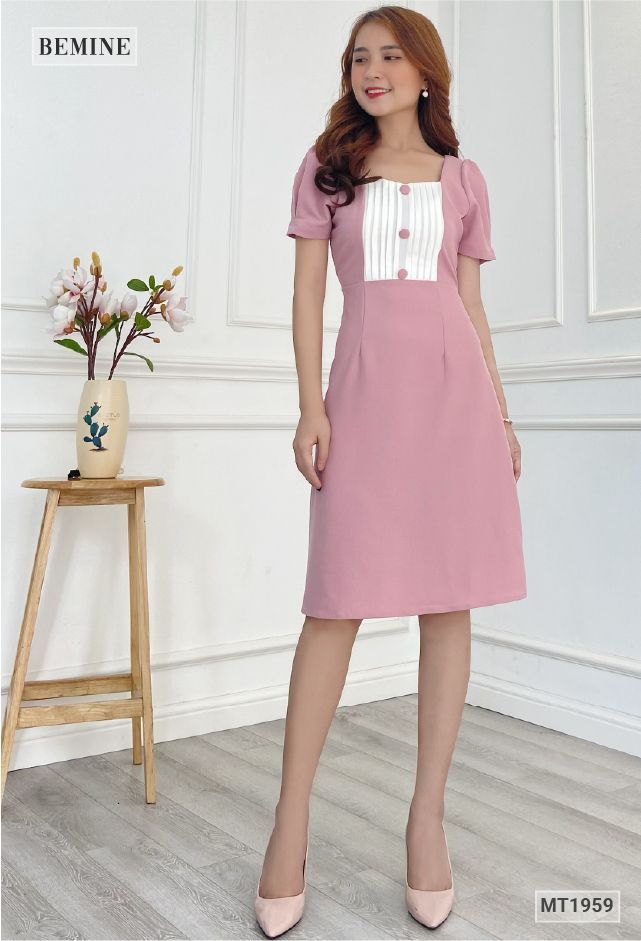 MT1959HONG - Đầm phối ngực trắng xếp ly