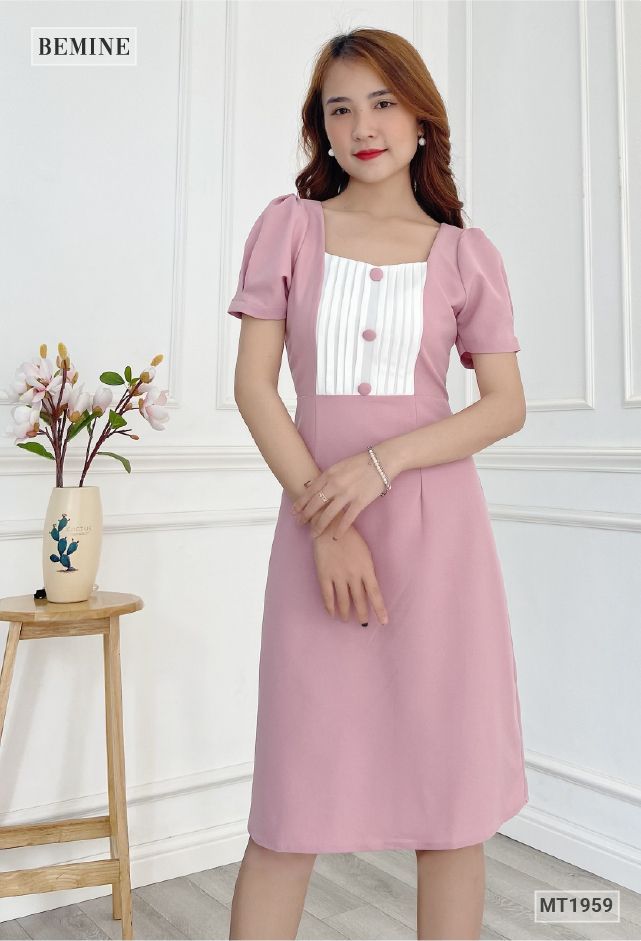 MT1959HONG - Đầm phối ngực trắng xếp ly