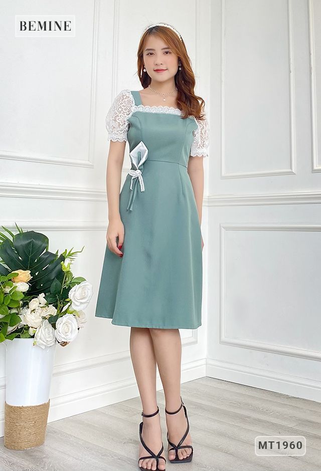 MT1960XANH - Đầm tay phối ren hoa eo