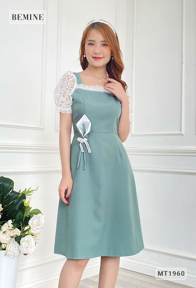 MT1960XANH - Đầm tay phối ren hoa eo