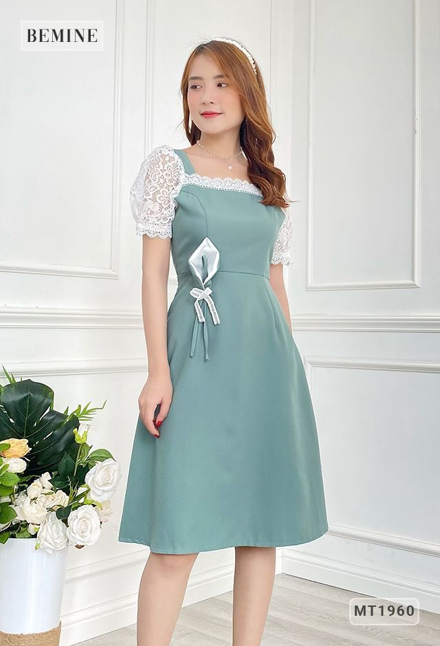 MT1960XANH - Đầm tay phối ren hoa eo