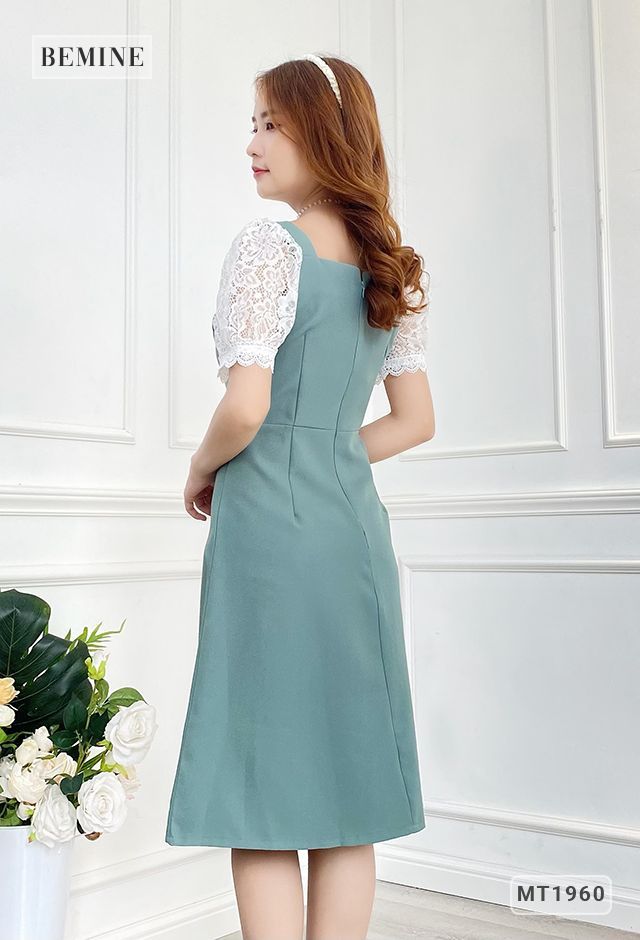 MT1960XANH - Đầm tay phối ren hoa eo