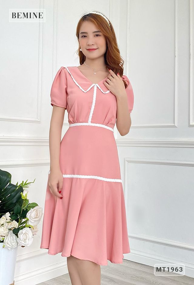 MT1963HONG - Đầm phối ren ly ngực