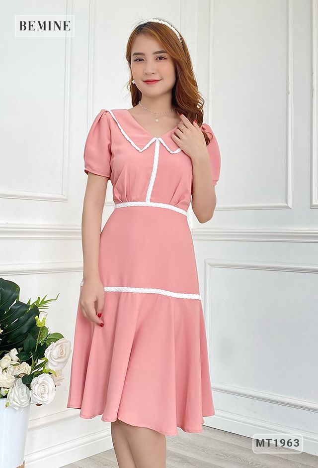 MT1963HONG - Đầm phối ren ly ngực