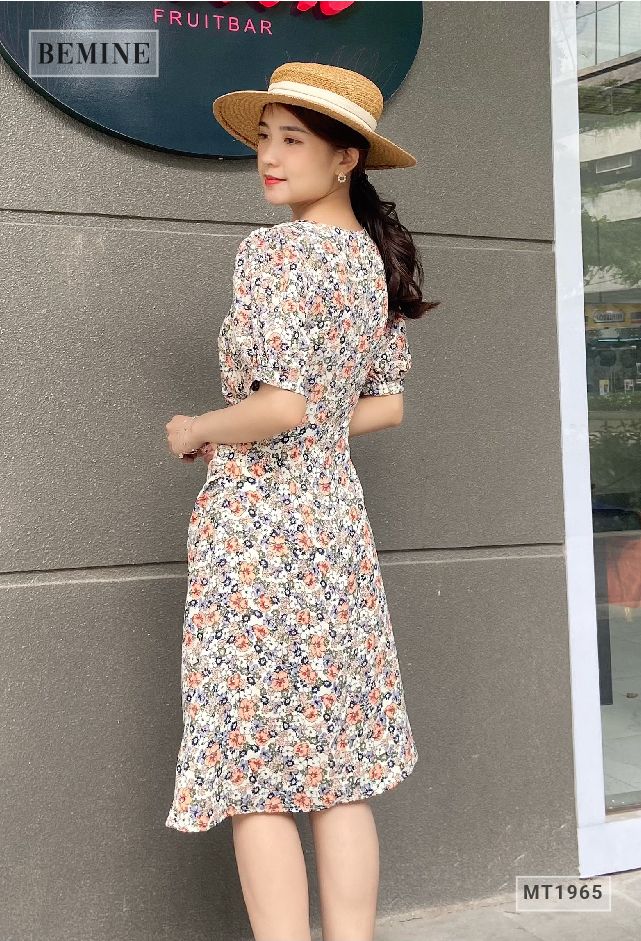 MT1965TRANG - Đâm hoa tay bồng xếp ly eo
