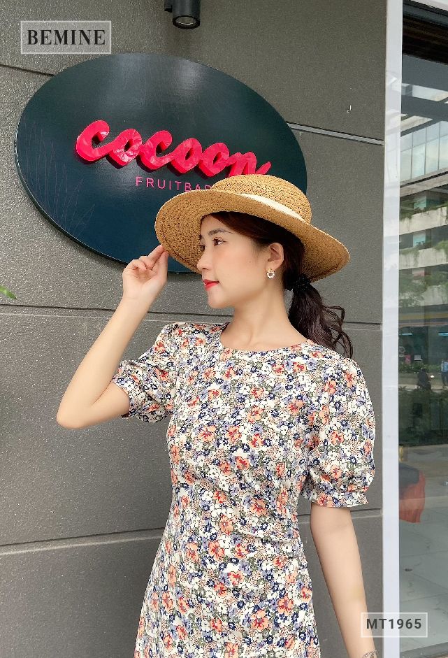 MT1965TRANG - Đâm hoa tay bồng xếp ly eo