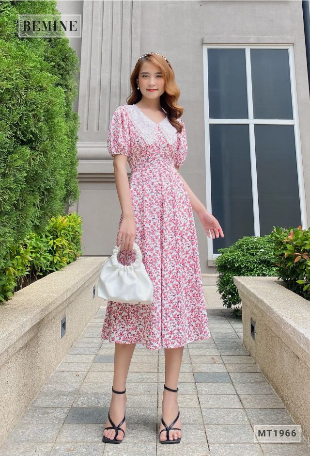 MT1966DO - Đầm hoa suông tay bồng cổ ren