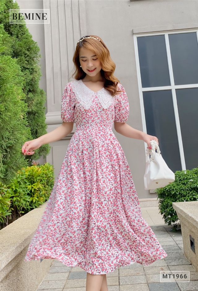 MT1966DO - Đầm hoa suông tay bồng cổ ren