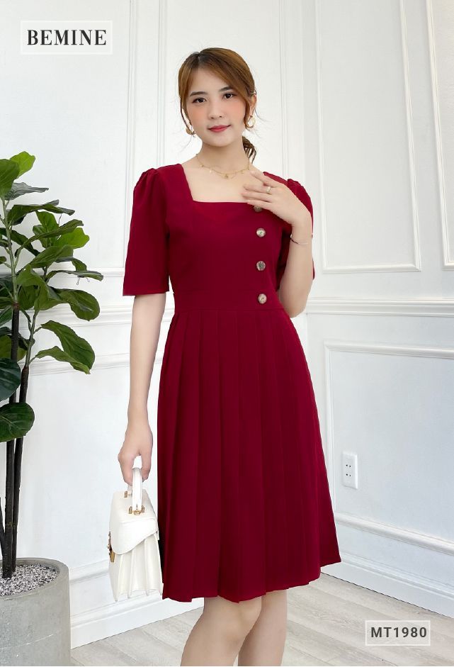 MT1980DO - Đầm cổ vuông xêp ly tùng váy