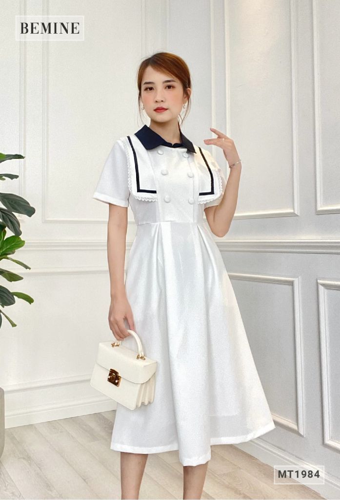 MT1984TRANG - Đầm cổ sơ mi ngực phối ren