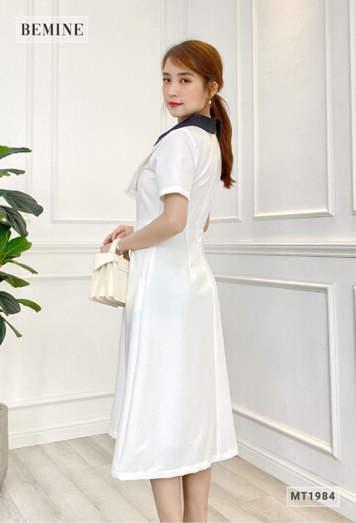 MT1984TRANG - Đầm cổ sơ mi ngực phối ren