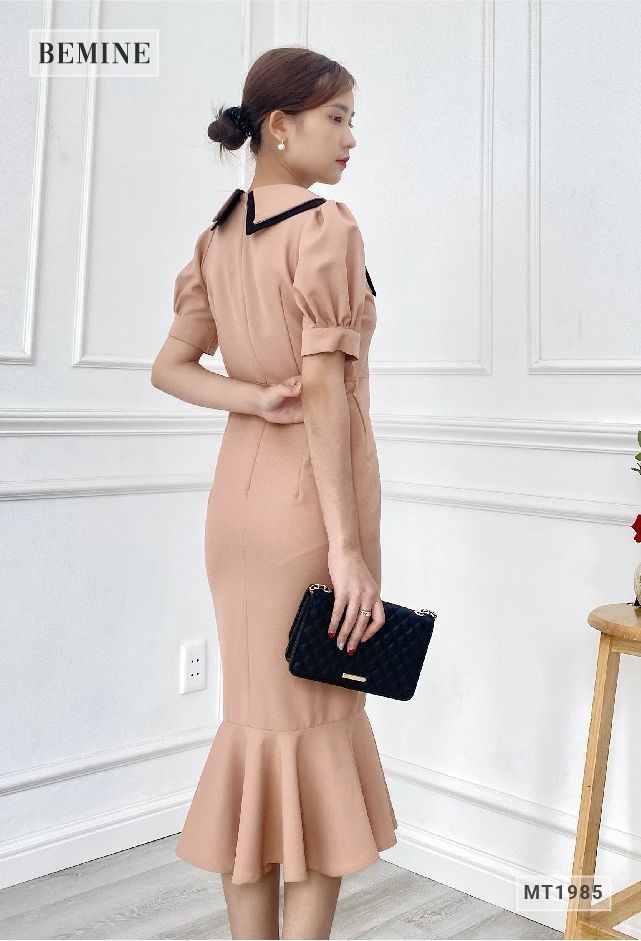 MT1985NAU - Đầm cổ phối đen có nơ body đuôi cá