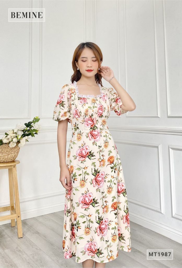 MT1987DA - Đầm hoa cổ vuông cột eo