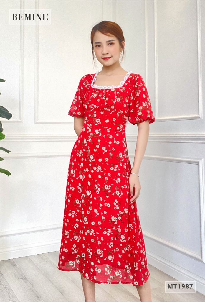 MT1987DO - Đầm hoa cổ vuông cột eo
