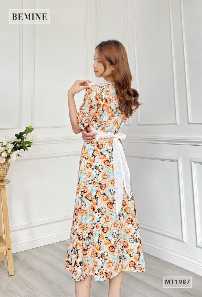 MT1987XANH - Đầm hoa cổ vuông cột eo