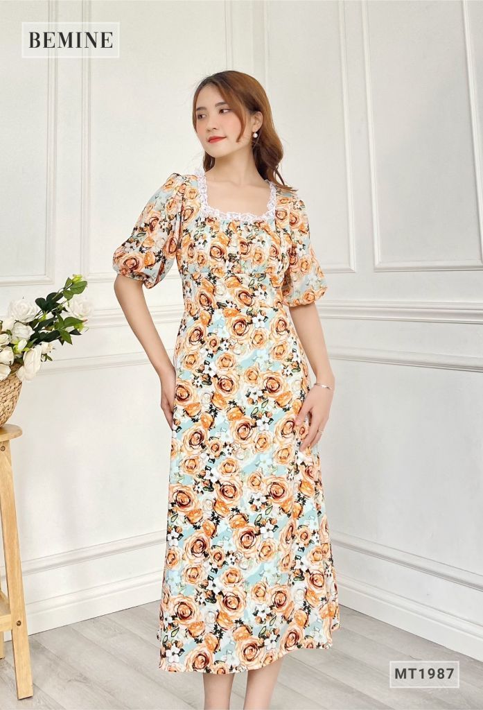 MT1987XANH - Đầm hoa cổ vuông cột eo