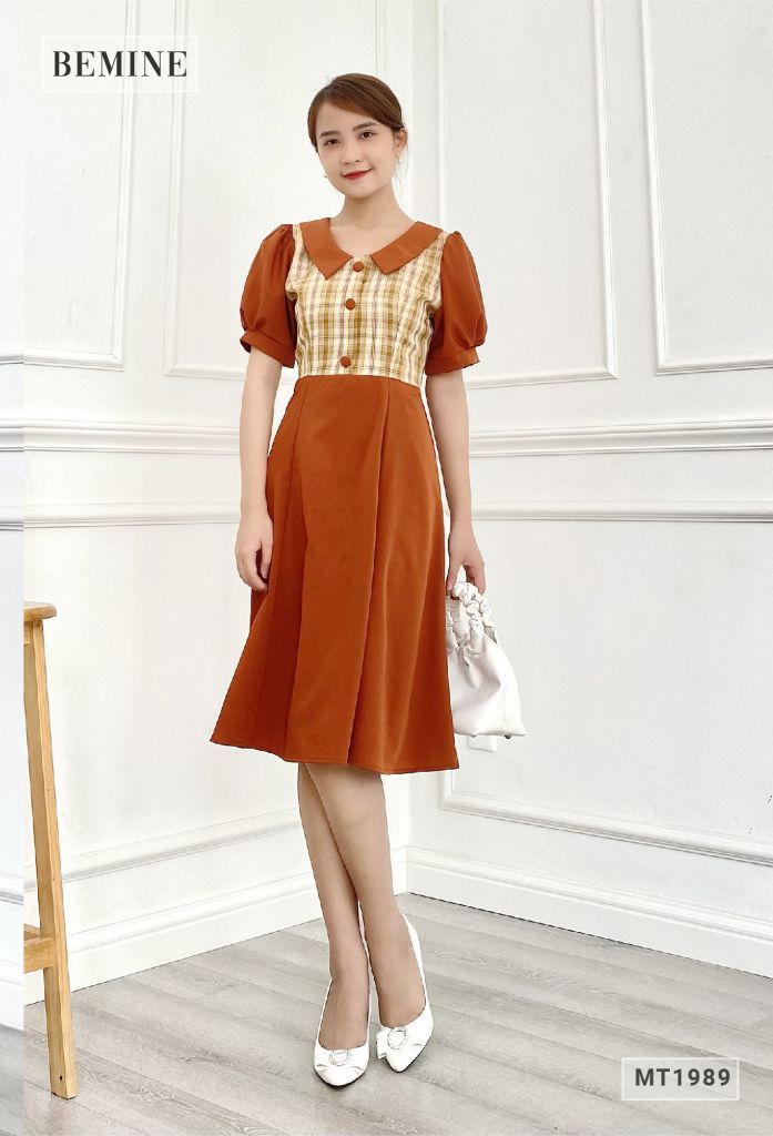 MT1989NAU - Đầm suông cổ tròn phối caro