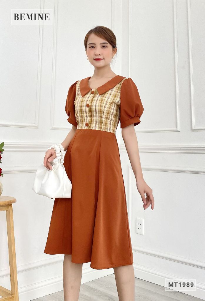 MT1989NAU - Đầm suông cổ tròn phối caro