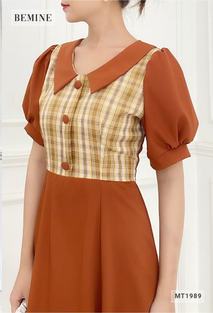 MT1989NAU - Đầm suông cổ tròn phối caro