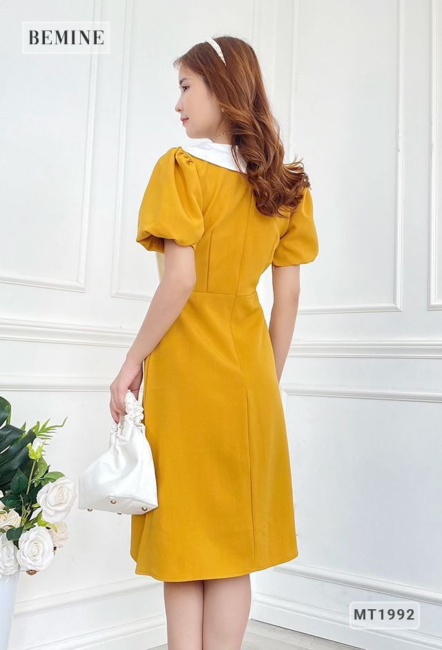 MT1992VANG - Đầm cổ nơ lớn tay bồng