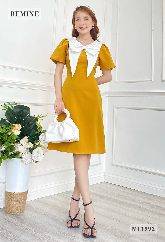 MT1992VANG - Đầm cổ nơ lớn tay bồng