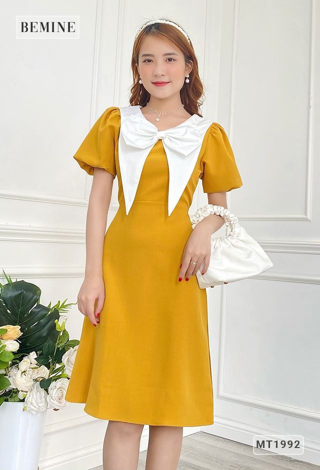 MT1992VANG - Đầm cổ nơ lớn tay bồng