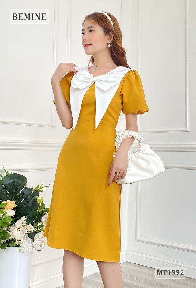 MT1992VANG - Đầm cổ nơ lớn tay bồng